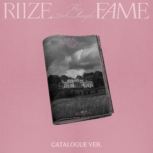 Album cover with black and white image of a house on a pink background, featuring the text 'RIIZE' and 'FAME'.