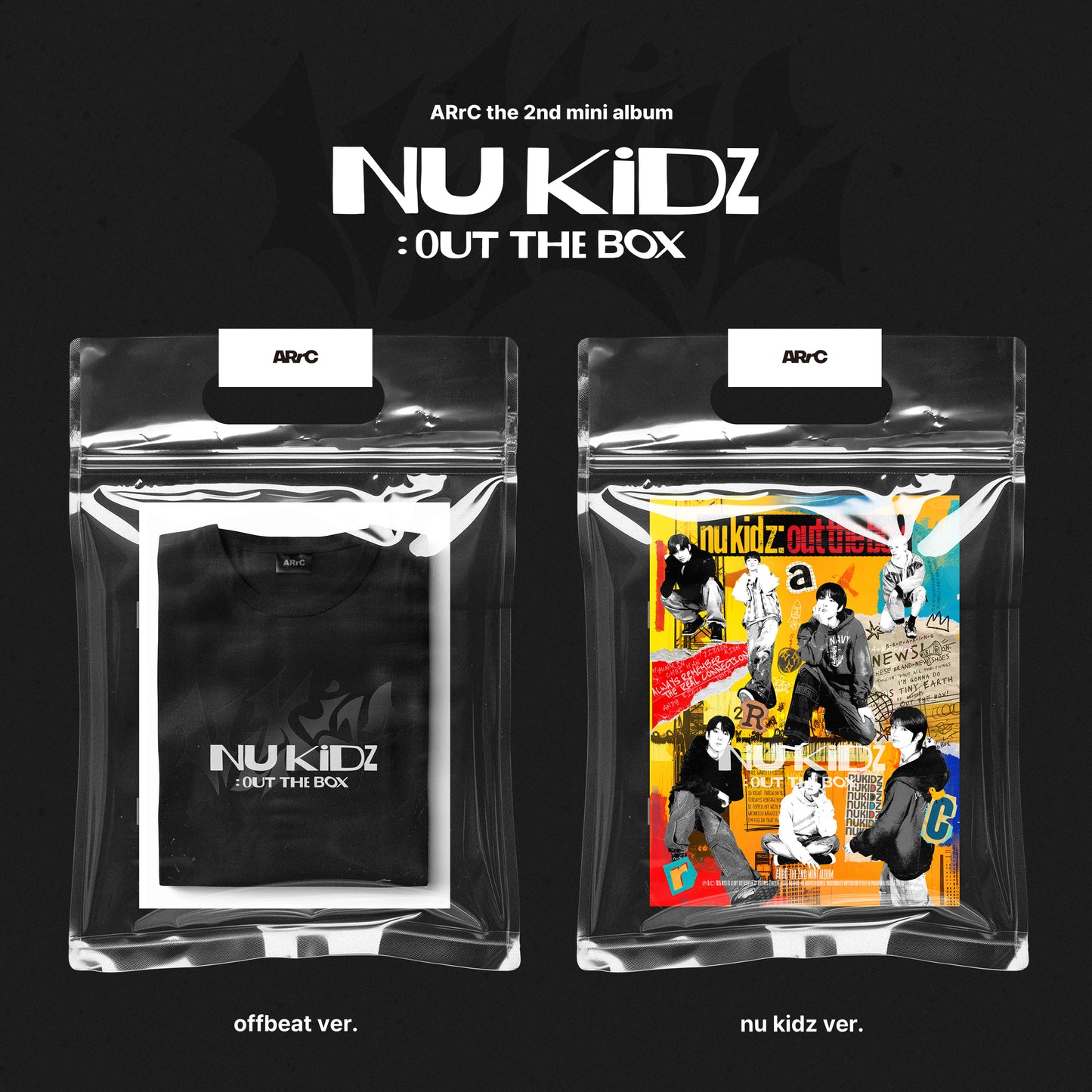 Two packages of 'NU Kidz' album with promotional images and text on a black background
