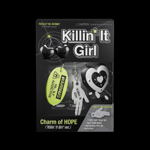 Product packaging for 'Killin' It Girl' charm set with keychain and pendant on a black background.