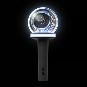 A light-up fan stick with a clear spherical top filled with glitter and blue LED lighting, attached to a white handle, shown against a solid black background.