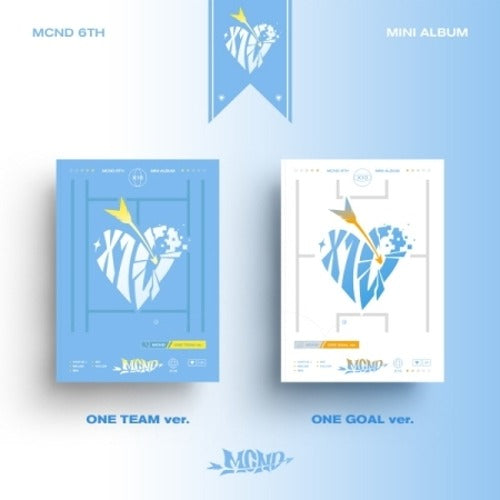 The image shows two versions of the album cover for 'MCND6' with different designs. One features a stylized graphic of a heart and arrows, and the other has a more traditional K-pop style with a blue and white color scheme.