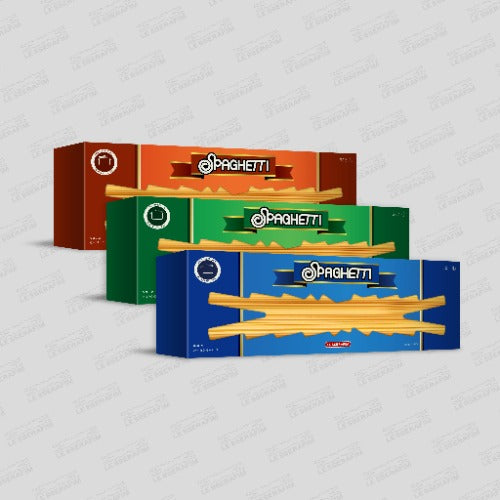 Three boxes of spaghetti with different colored boxes on a light gray background