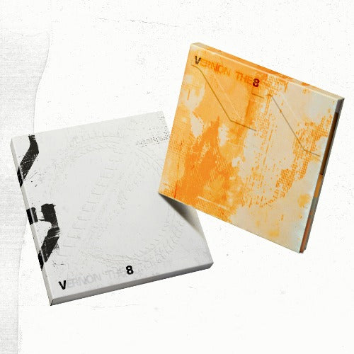 Two notebooks, one white with black text and the other orange with abstract design, on a white background.
