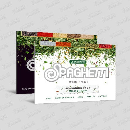 LE SSERAFIM Spaghetti seasoning album with brand logo on a white background