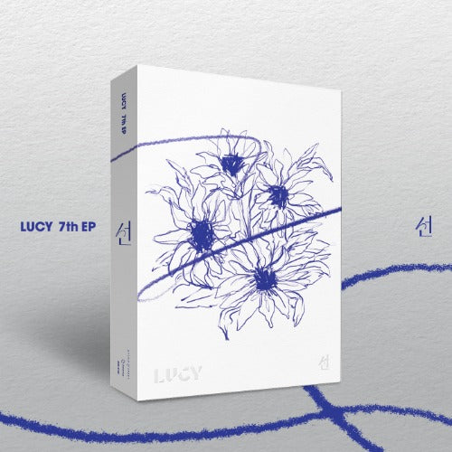 White box with floral design and 'LUCY 7th EP' text on a gray background