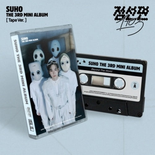 A cassette tape and case featuring the cover art for SUHO's 3rd mini album, with three members of the band dressed in white and black, displaying a futuristic aesthetic.