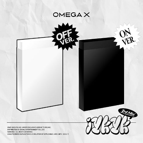 The image shows the cover of the OMEGA X 3rd mini album, titled 'IYKYK'. The album cover is shown from the front and back view, featuring a minimalist design with the artist's name and the album title.