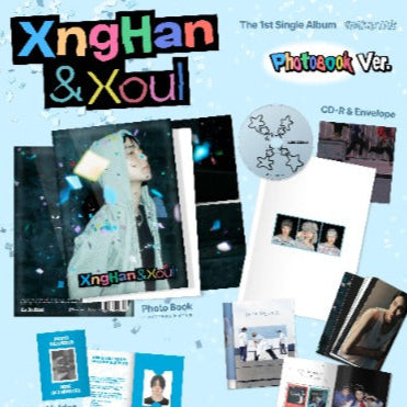 Album packaging for XngHan & Xoul with photos and text on a light blue background