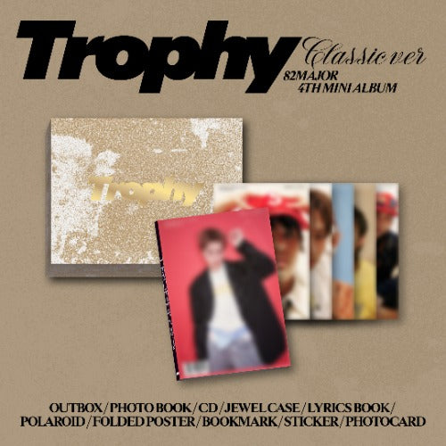 Album packaging with 'Trophy' text and images on a beige background