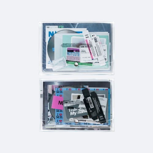 Two clear plastic cases containing music album-related items on a white background