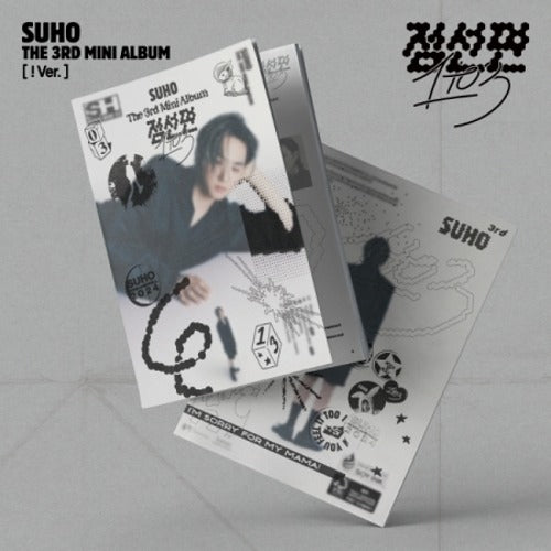 Album cover for SUHO - The 3rd Mini Album, featuring a black and white image of the artist with a shadow effect, and text indicating the album version and release date.