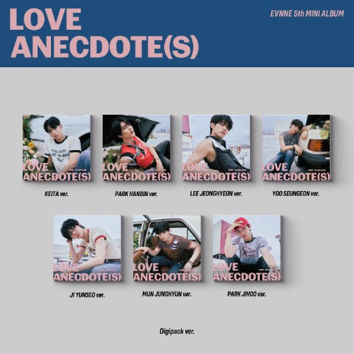 Album cover for 'Love Anecdote(s)' with individual covers for each member on a gray background.