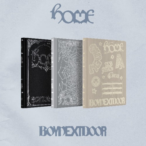 Three book covers with decorative patterns on a light blue background, featuring the text 'home' and 'BOMEXTDOOR'.