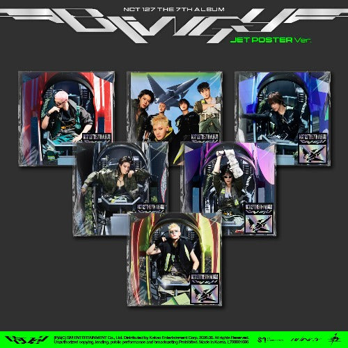 NCT 127's 'Avengers' Jet Poster Ver. 7th Album packaging design, featuring seven illustrated character cards arranged on a dark gray background with the group's logo at the top.