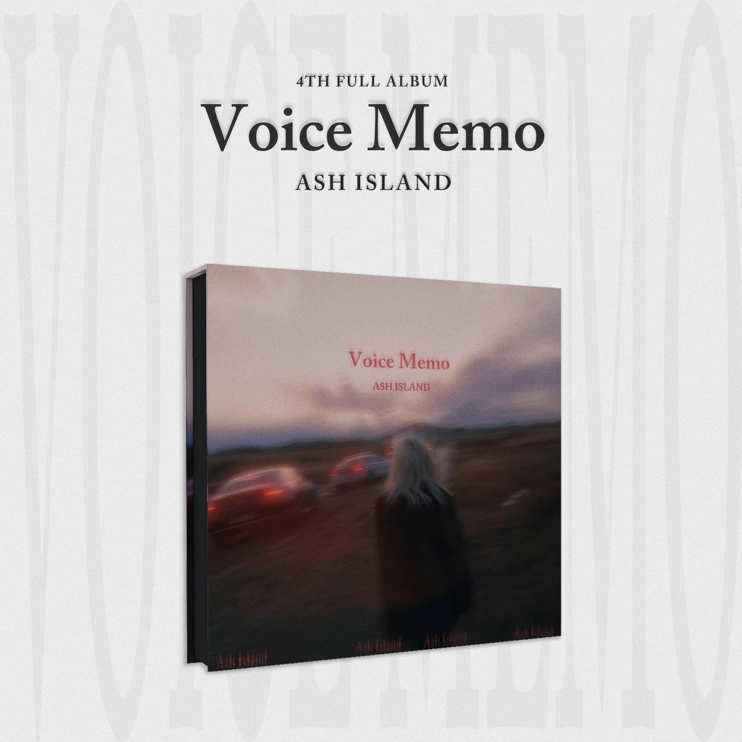 Album of ASH ISLAND's 4th Full Album titled 'Voice Memo'. It features a blurred image of a person walking away at dusk with a setting sun in the background.