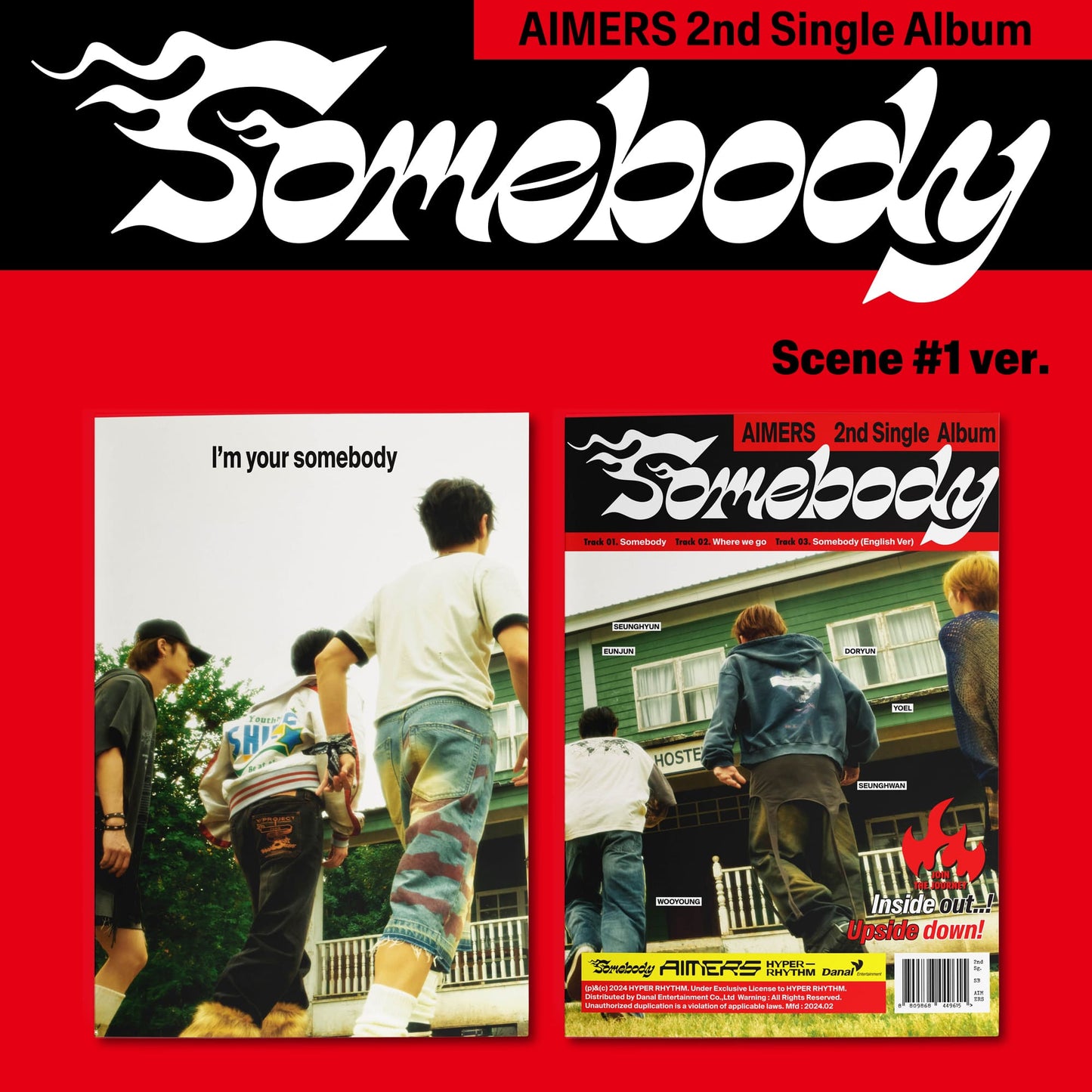 Album cover for AIMERS 2nd single album 'Somebody' featuring members of the K-pop group in various casual outfits, indicating a scene from the album's storyline.