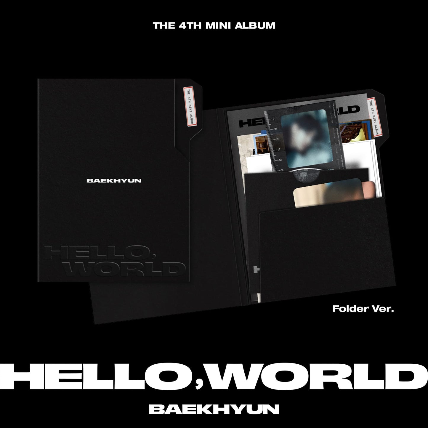 BAEKHYUN 4th Mini Album 'Hello, World' black folder with tracks and album information, displayed in a fold-out layout.