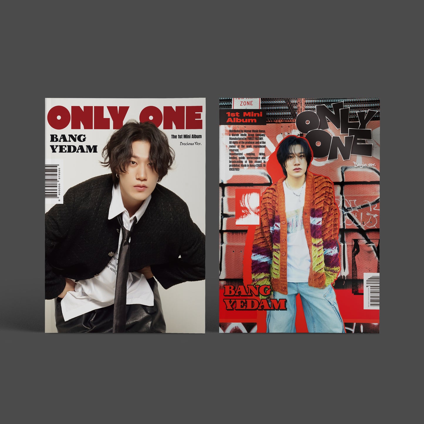 Two covers of BANG YEDAM's 1st mini album 'ONLY ONE'. One cover features a black and white image of the artist with a serious expression, while the other cover shows a colorful image of the artist in a casual pose.