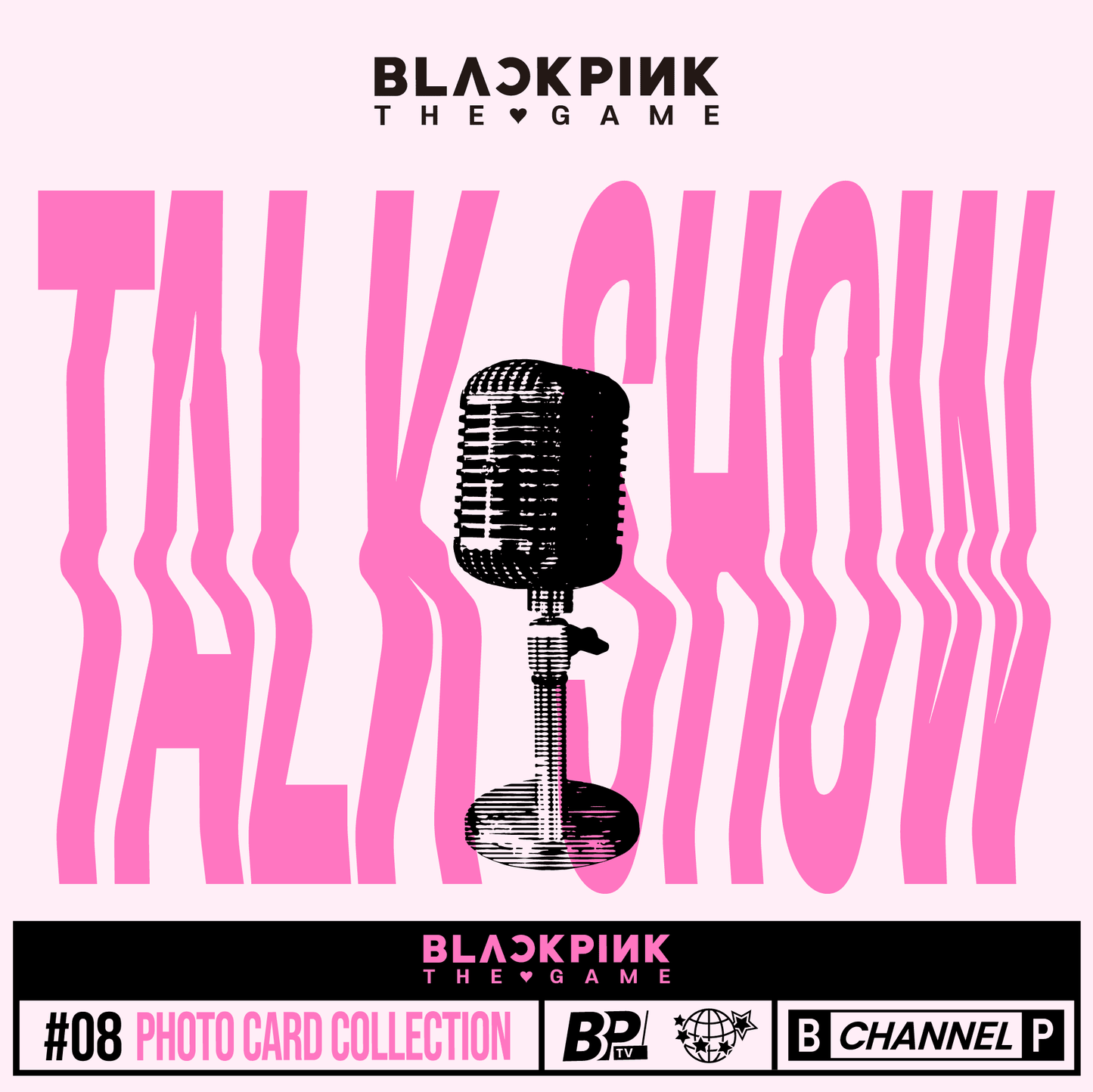 Photocard collection featuring a black and pink color scheme with text 'TALK SHOW' and the BLACKPINK logo.