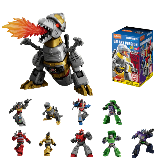 A collection of Transformers figures in various colors, along with a packaging box displaying 'Galaxy Version 02 SOS Blind Box'.