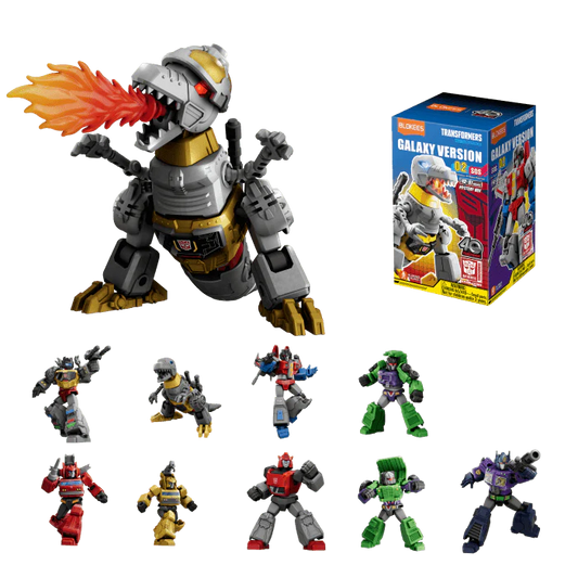 A collection of Transformers figures in various colors, along with a packaging box displaying 'Galaxy Version 02 SOS Blind Box'.