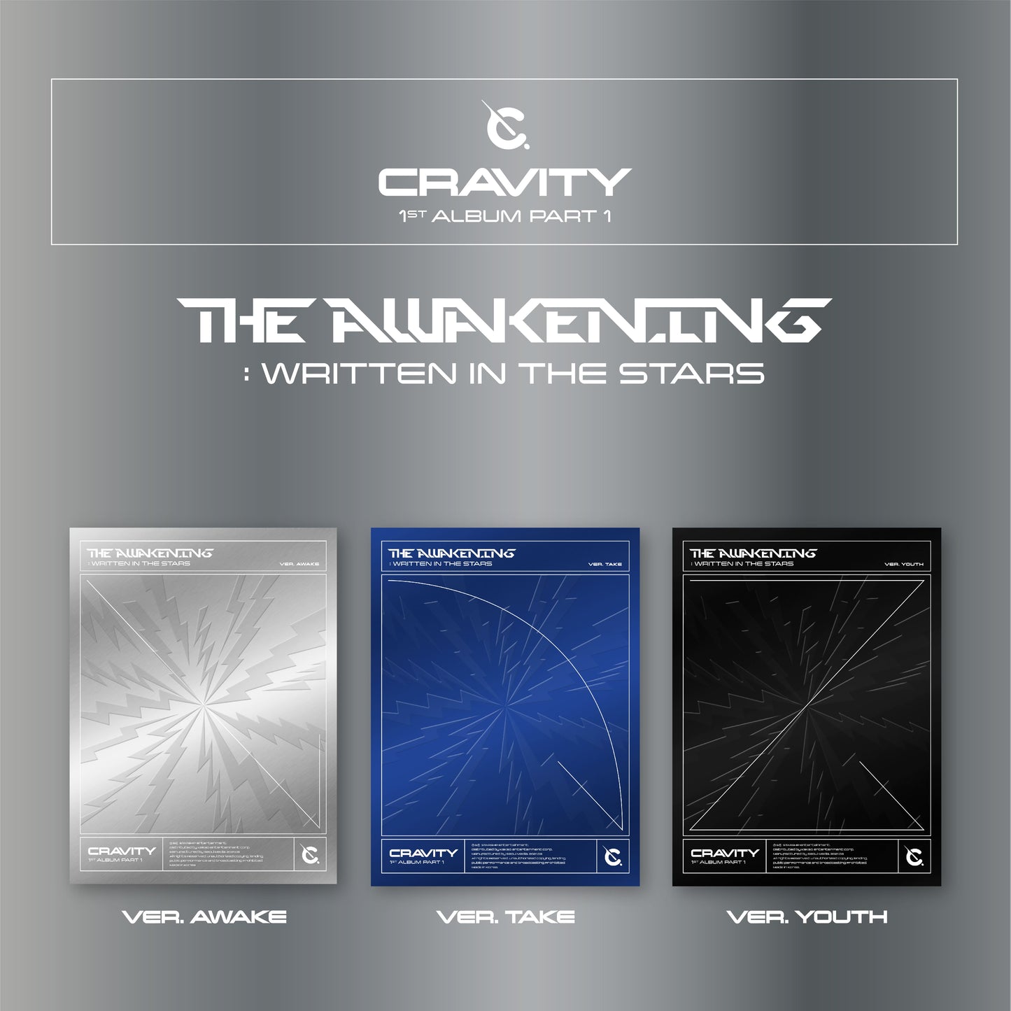 Album cover art for CRAVITY 1st Album Part.1 with three tracks labeled: Vero Vero, Awakening, and Youth.