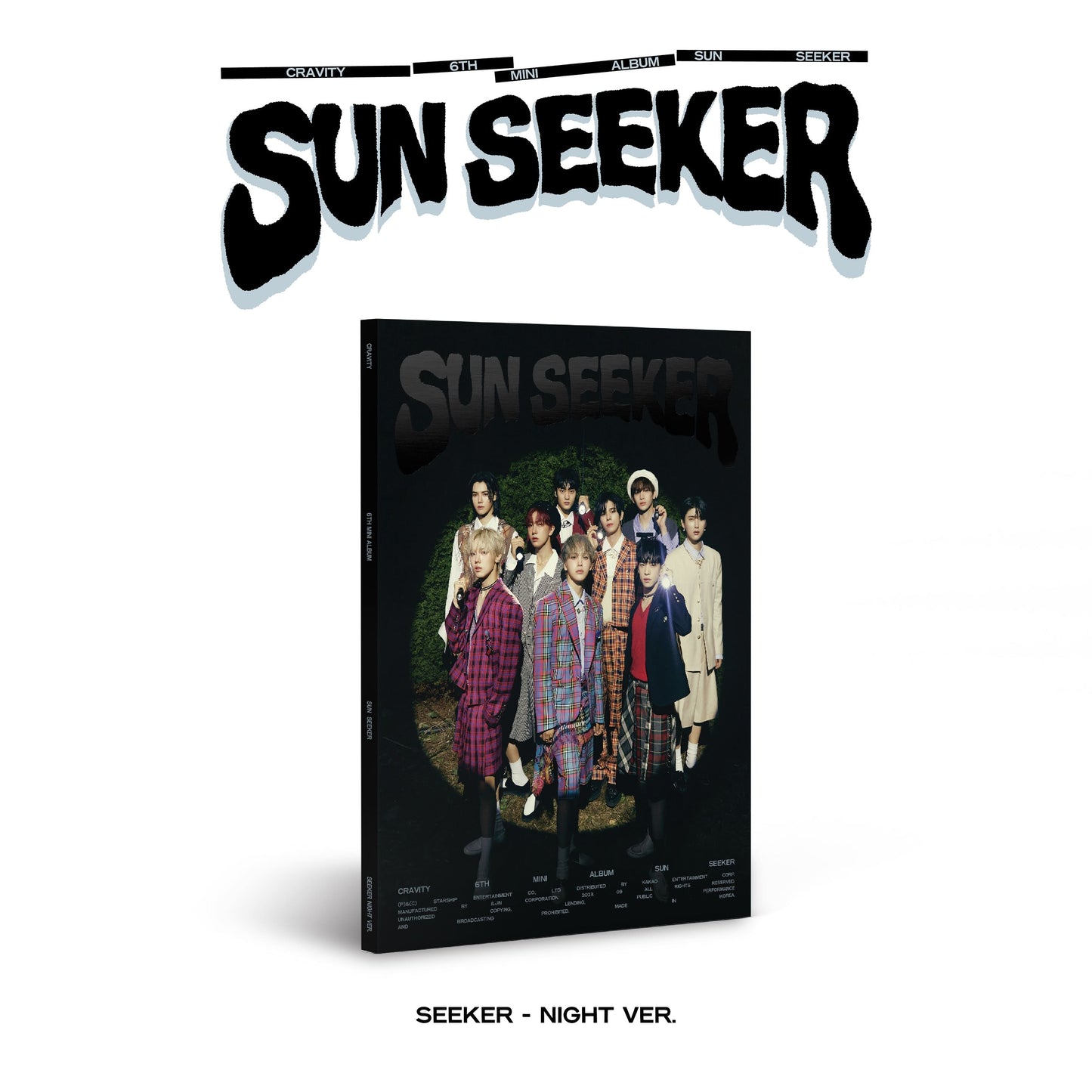 CD cover for CRAVITY 6th Mini Album 'SUN SEEKER' featuring a black and white photo of the members in a circular pattern with the album title text in bold at the top.