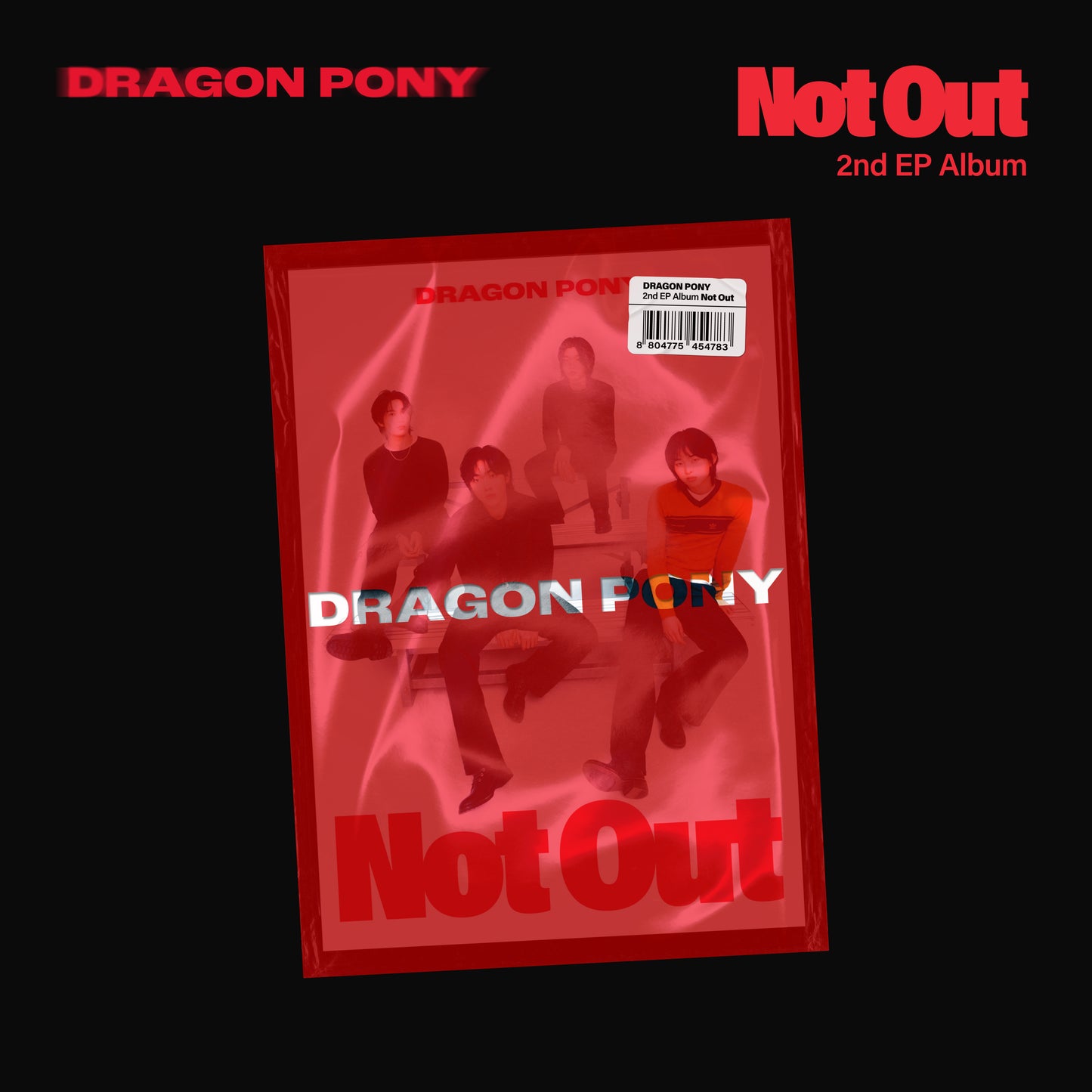 The image shows the cover of a Dragon Pony 2nd EP Album titled 'Not Out'. The album cover features the band members and the title text in a bold, red design against a black background.