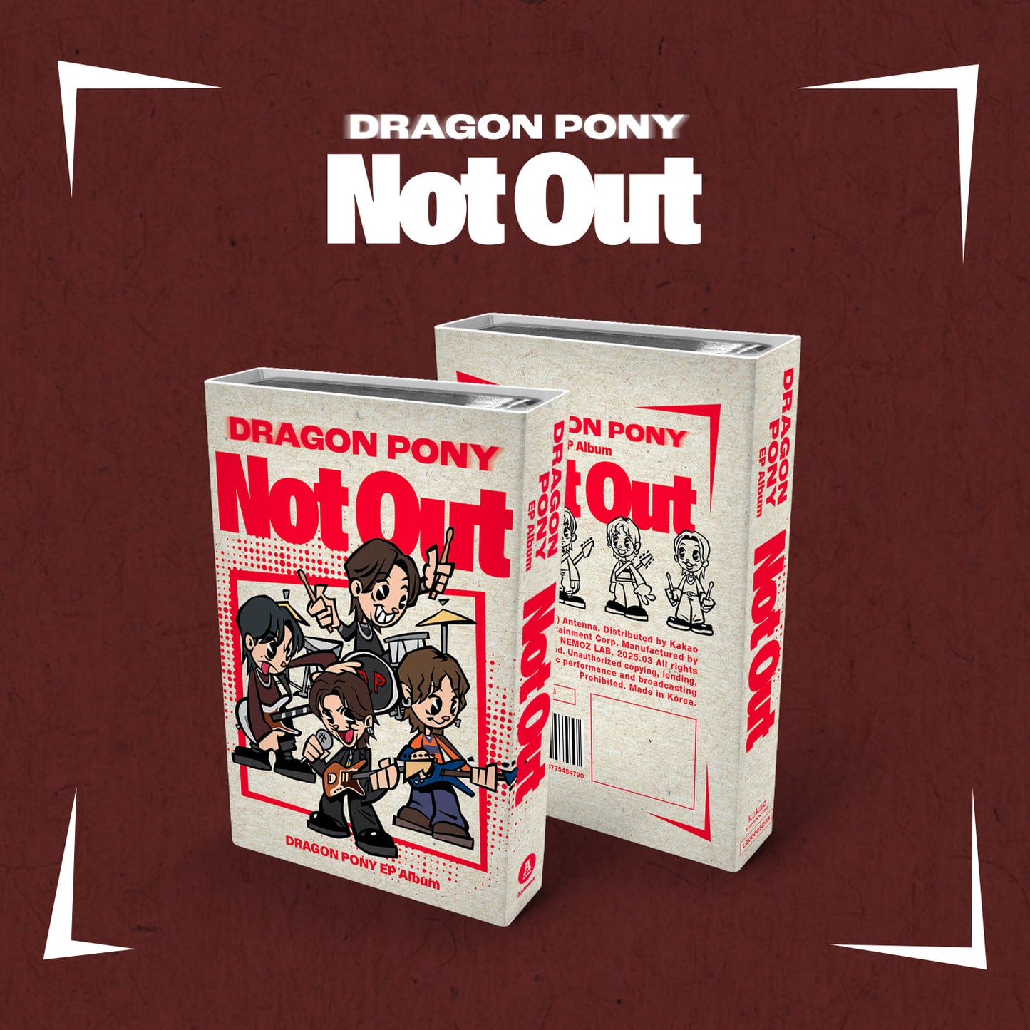 Two albums of Dragon Pony 2nd EP Album titled 'Not Out'. The cover features cartoon-style illustrations of a dragon and a pony in an urban setting with the text 'DRAGON PONY Not Out' prominently displayed.