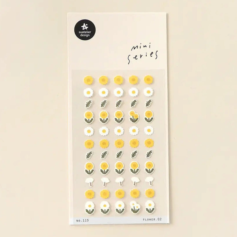 A sheet of mini decorative stickers with floral designs, labeled as part of the 'Mini Series' by Suatelier.