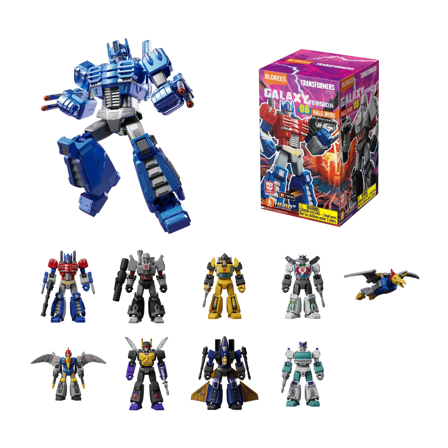 Transformers Galaxy Version 06 collectible figures set, showcasing various characters in both robot and transformation modes, along with the packaging box.