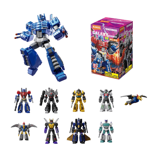Transformers Galaxy Version 06 collectible figures set, showcasing various characters in both robot and transformation modes, along with the packaging box.