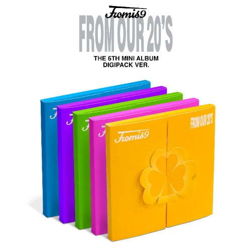 Four colorful album covers with 'Fromis9' branding on a white background