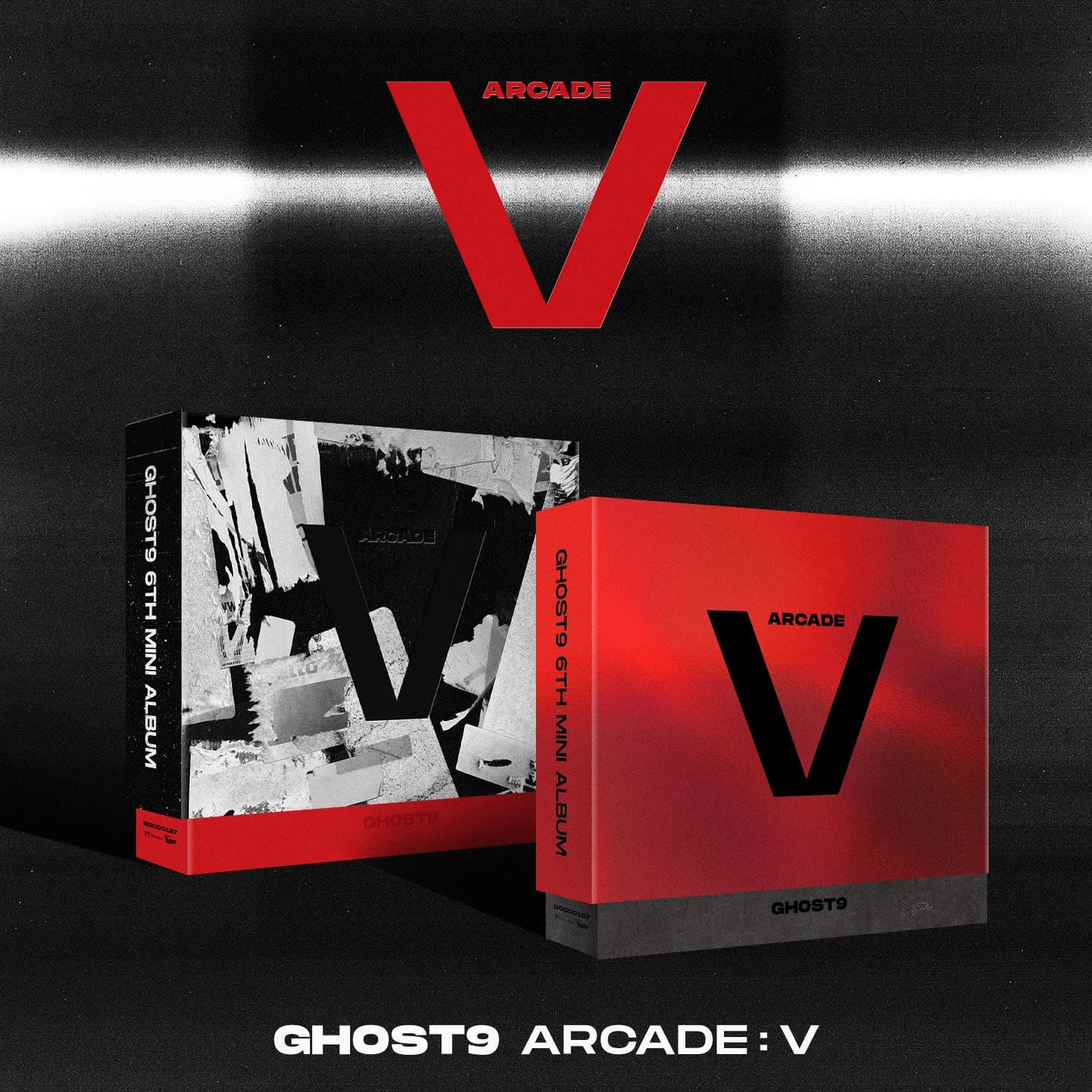Two album boxes with 'Arcade V' branding on a black background