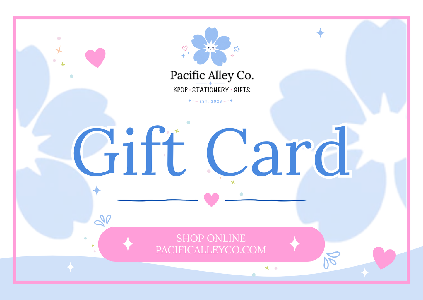 A pastel gift card design with the text 'Gift Card' in large blue letters, 'Pacific Alley Co. KPOP STATIONERY GIFTS' above, and a pink button reading 'SHOP ONLINE PACIFICALLEYCO.