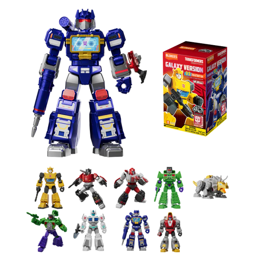 Transformers Galaxy Version 03 toy figures, including Bumblebee and Ultra Magnus, displayed alongside their packaging.