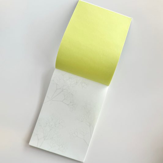 Open notebooks, one white page and one yellow page, on a light gray background
