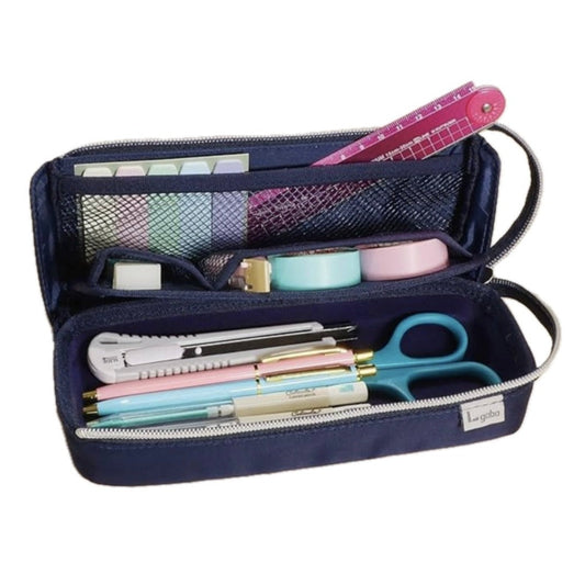 Navy blue pencil case with stationery items on a white background