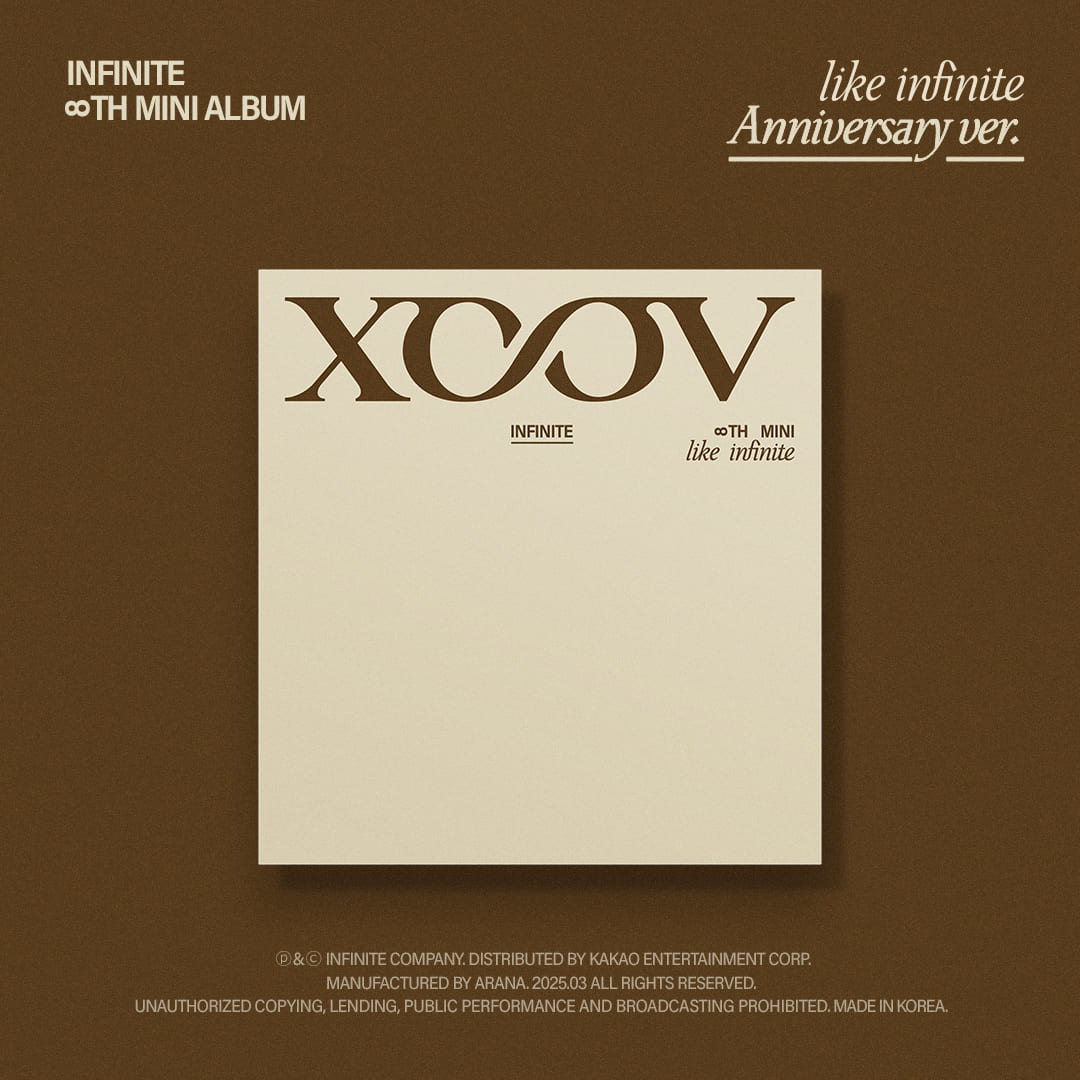 This image features the cover art for the INFINITE 8th Mini Album titled “LIKE INFINITE” (Anniversary Ver.).