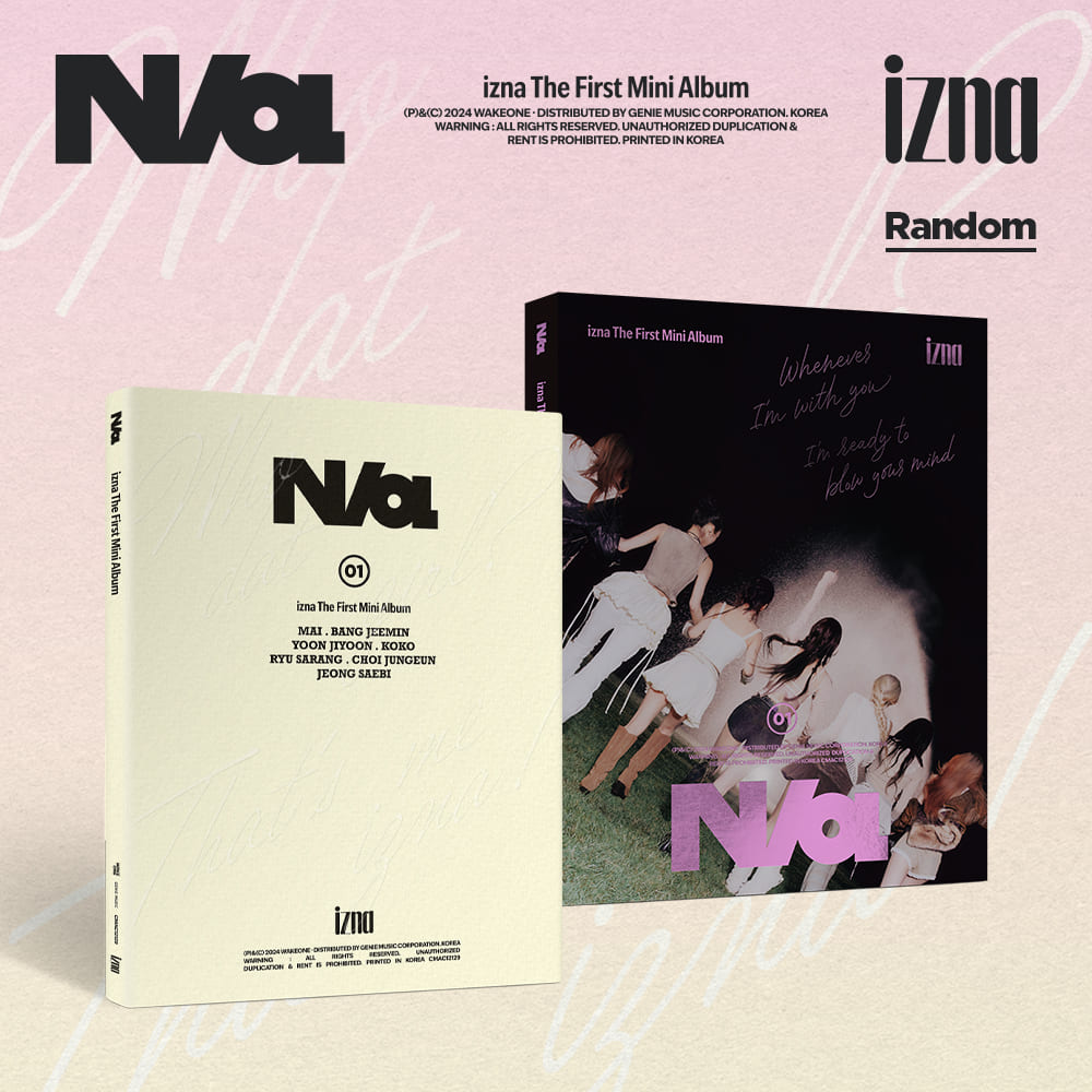 The image shows the cover of 'izna 1st Mini Album' with a group photo of the K-pop group IZNA on the cover. The album is labeled as 'N/a' and the distributor is mentioned as RANDOM.