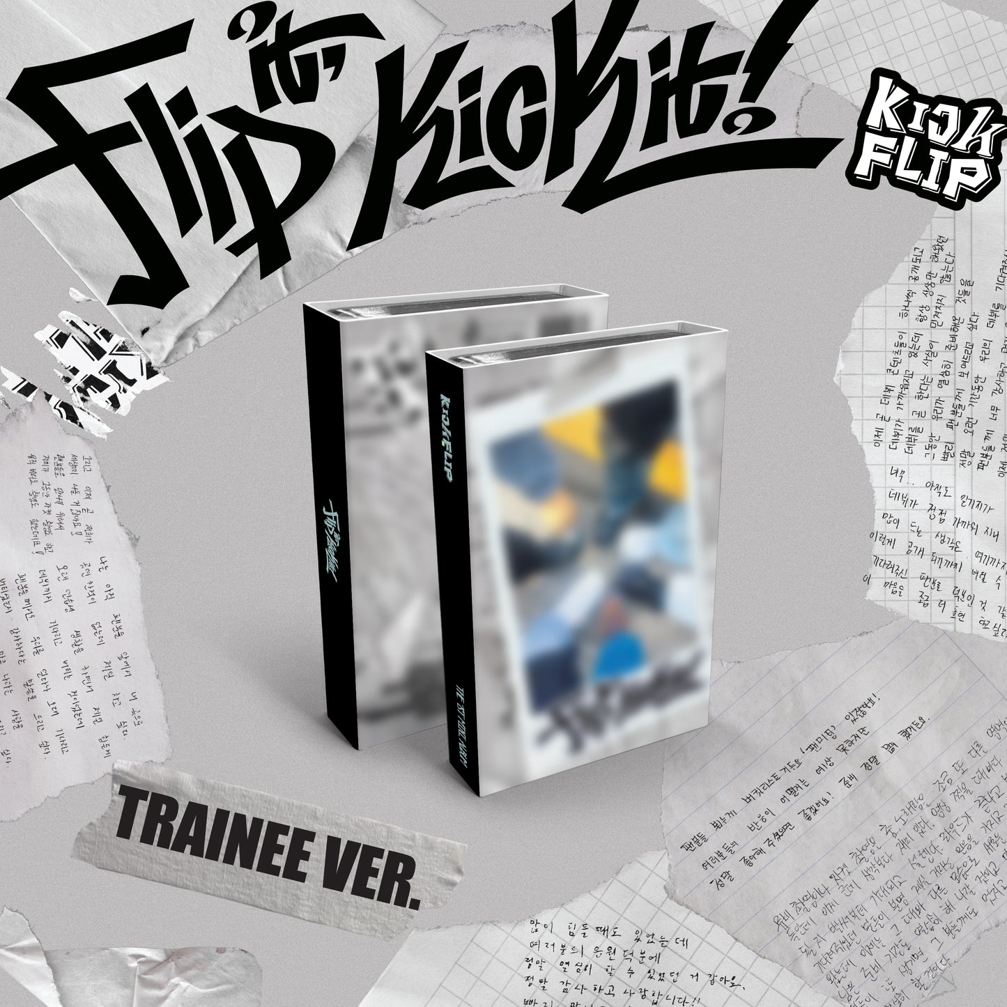 KickFlip 1st Mini Album, featuring a graphic design with text and abstract shapes in multiple colors on a trainee version CD.
