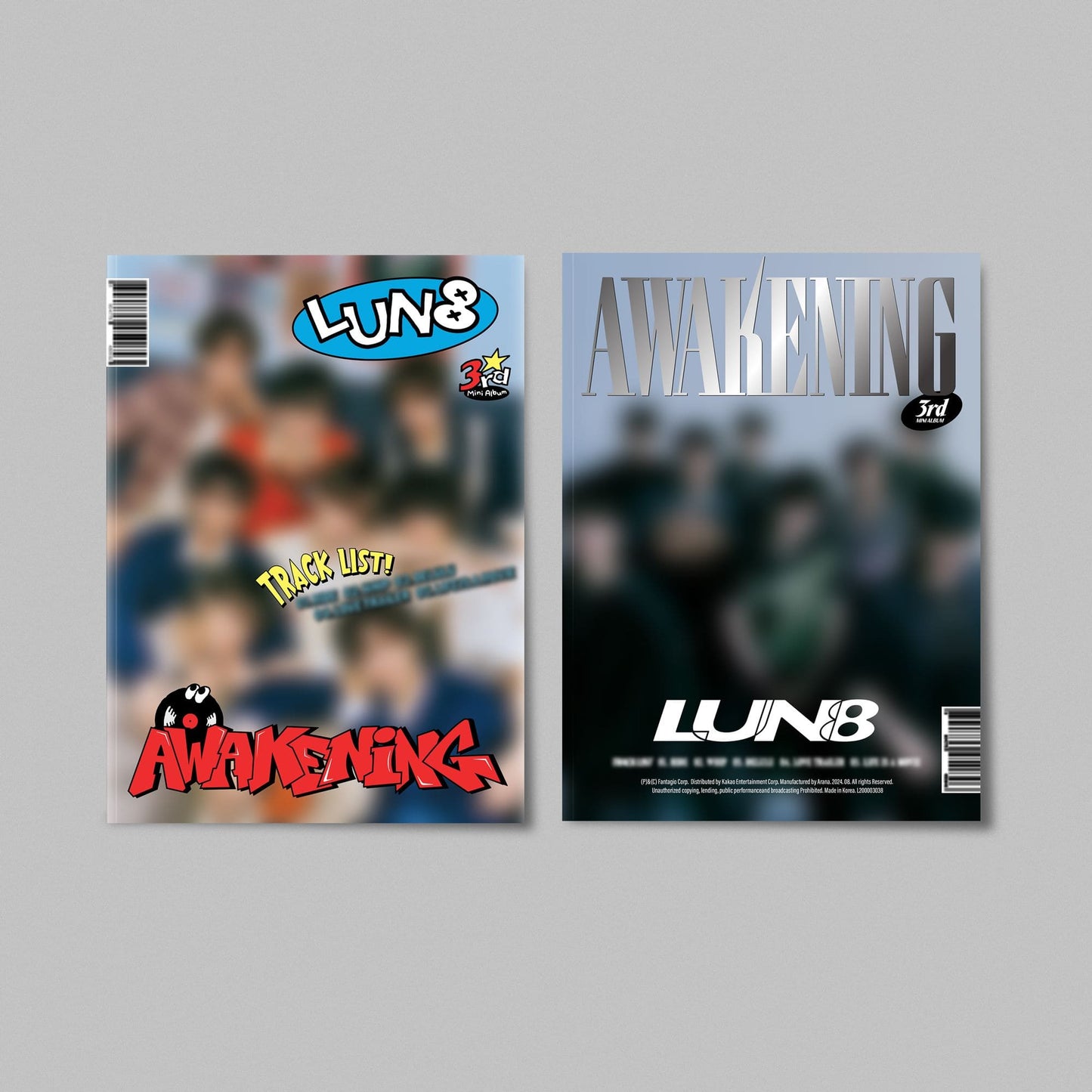 Two versions of the LUN8 mini album 'AWAKENING' with different cover images and text, indicating a hip-hop flavor.