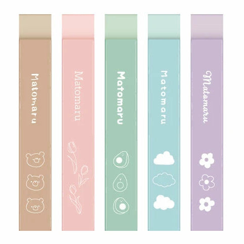 Five pastel-colored bookmarks with 'Matomaru' branding and various designs on a white background.