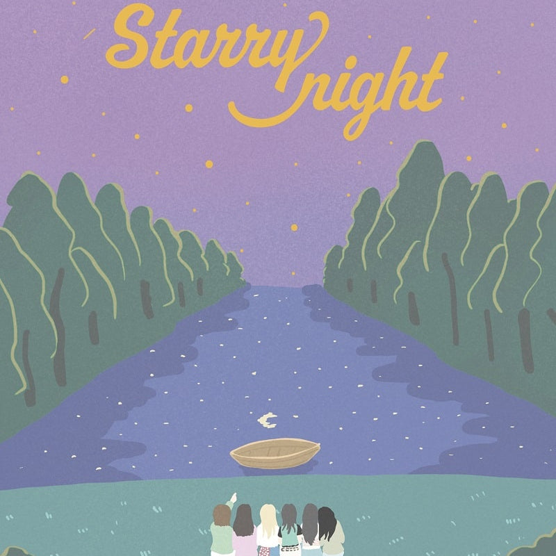 Cover of MOMOLAND Special Album 'Starry Night' featuring an illustration of the group sitting by a river at night under a starry sky.
