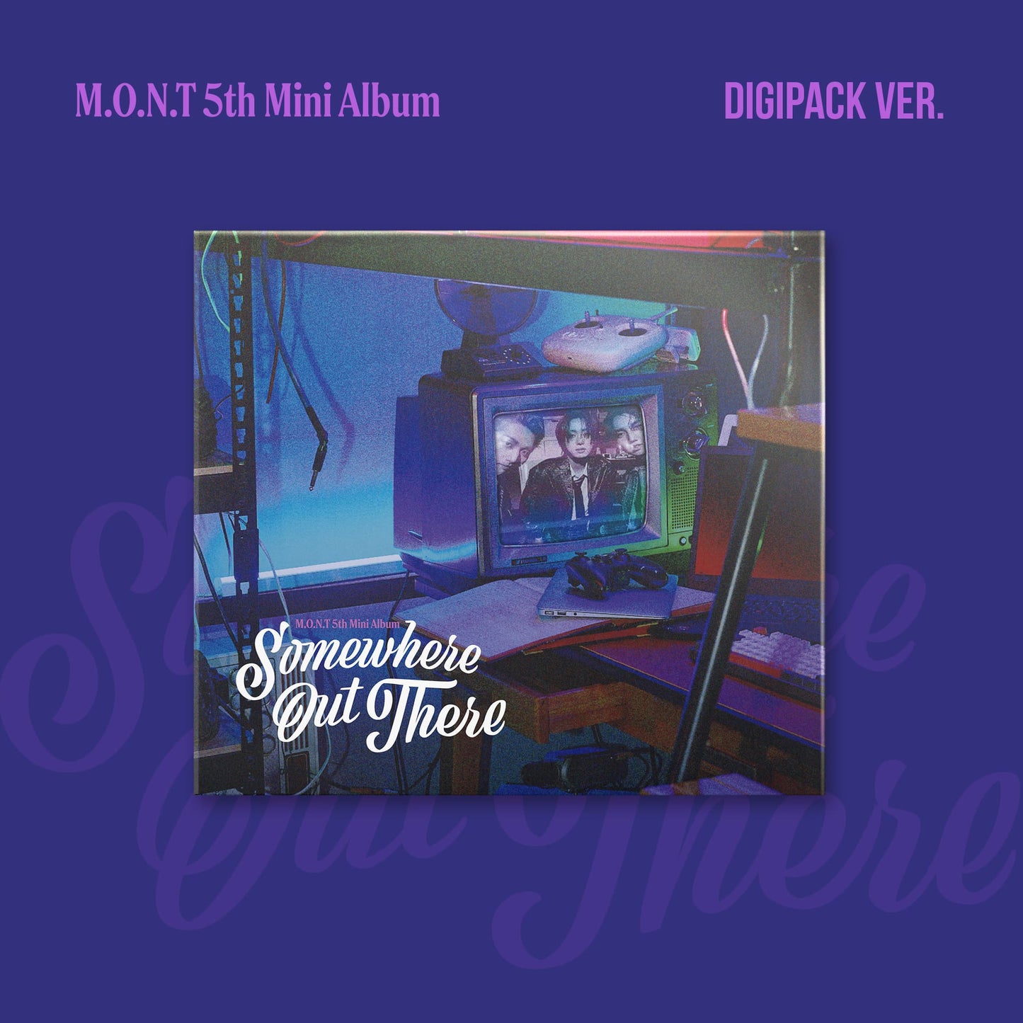 Album cover for M.O.N.T 5th Mini Album Digipack Ver. with a retro computer setup design on a blue background.