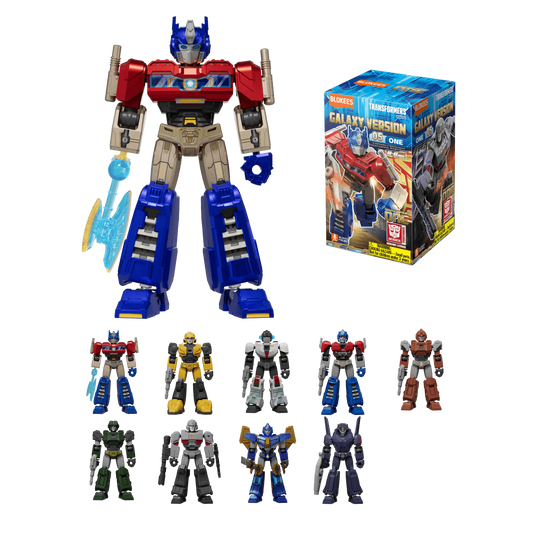 Transformers Galaxy Version 05 ONE toy figures with a variety of colors and poses, including a metallic figure, displayed alongside their packaging.