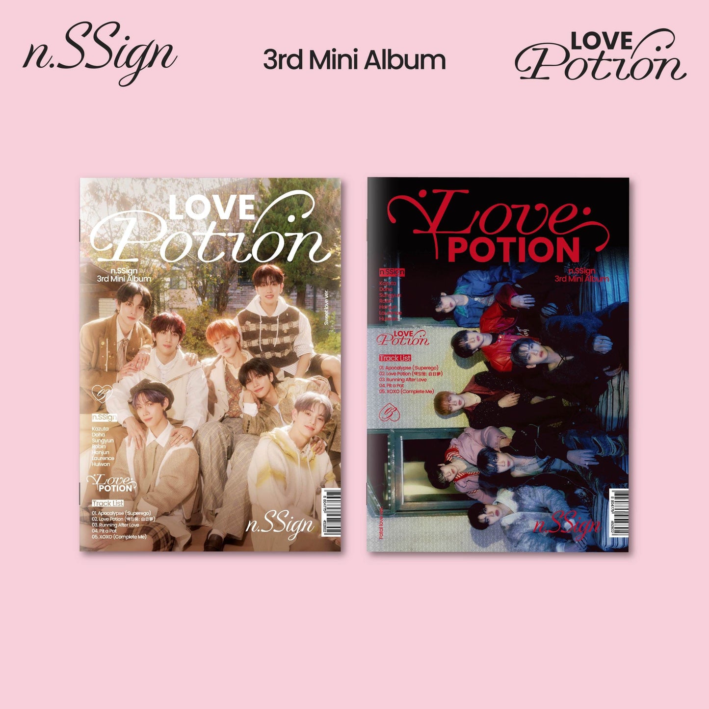 Album covers for n.SSign 3rd Mini Album 'Love Potion' displayed against a pink background.