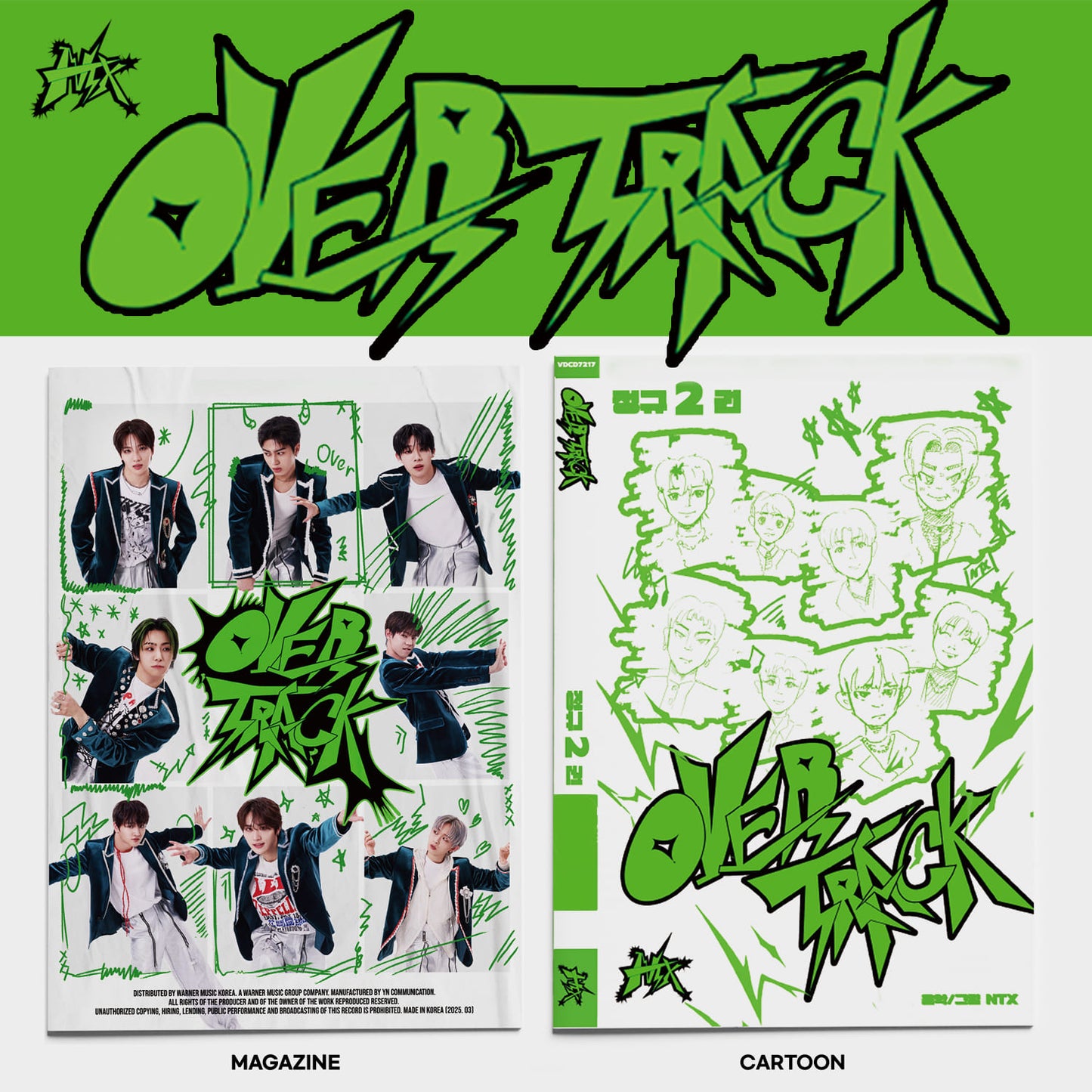 Album for NTX featuring members of the K-pop group, with green and black design elements, indicating it includes a magazine and cartoon versions.