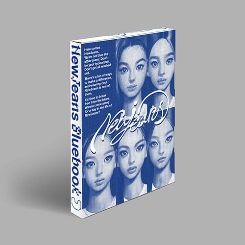 Blue and white album with 'NewJeans' branding on a gray background
