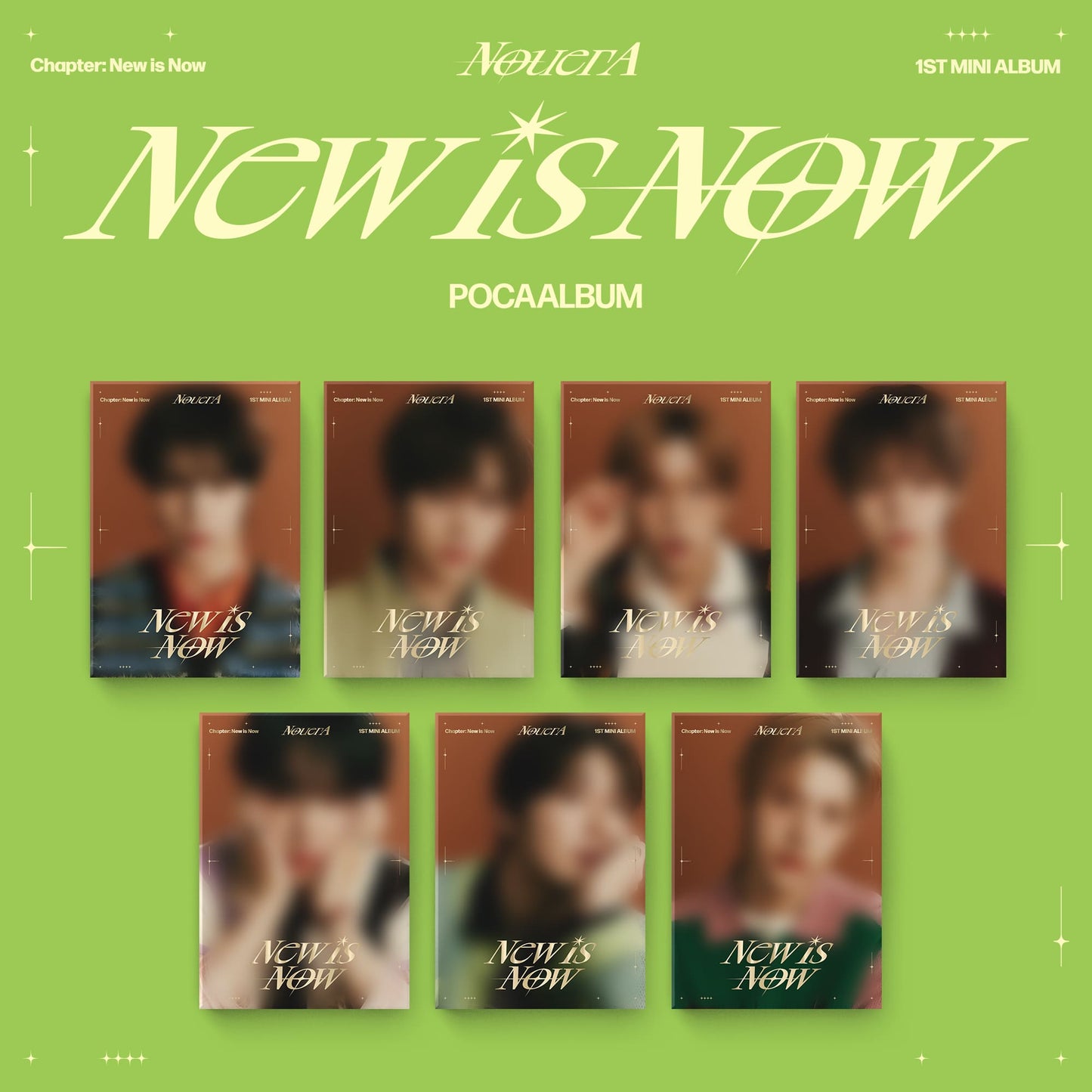 Mini album cover for NouerA's 'New is Now' featuring individual portraits of the members against a green background.